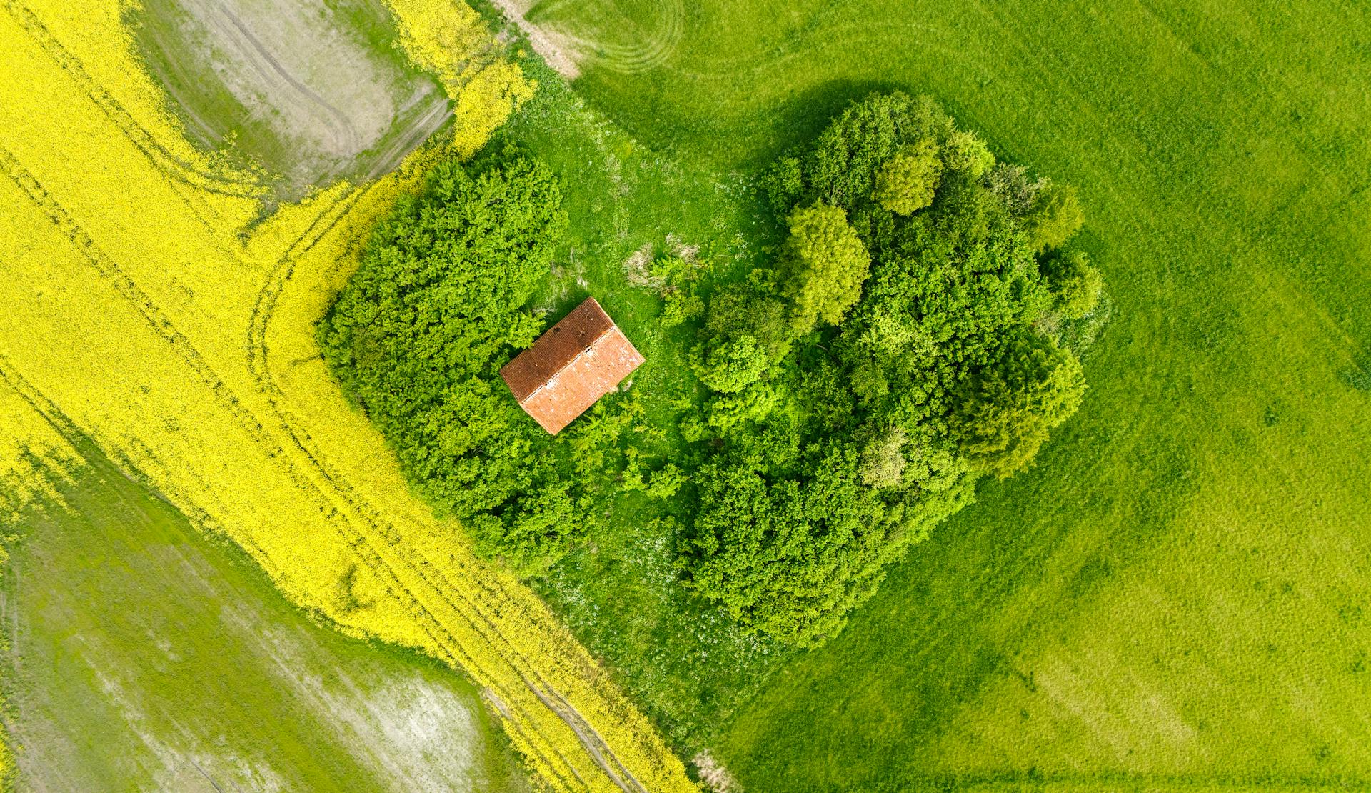 Aerial view of a property showing land divided into separate parcels for sale
