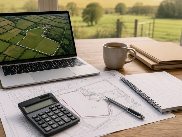 Calculator, land plans and laptop showing the costs involved in selling land