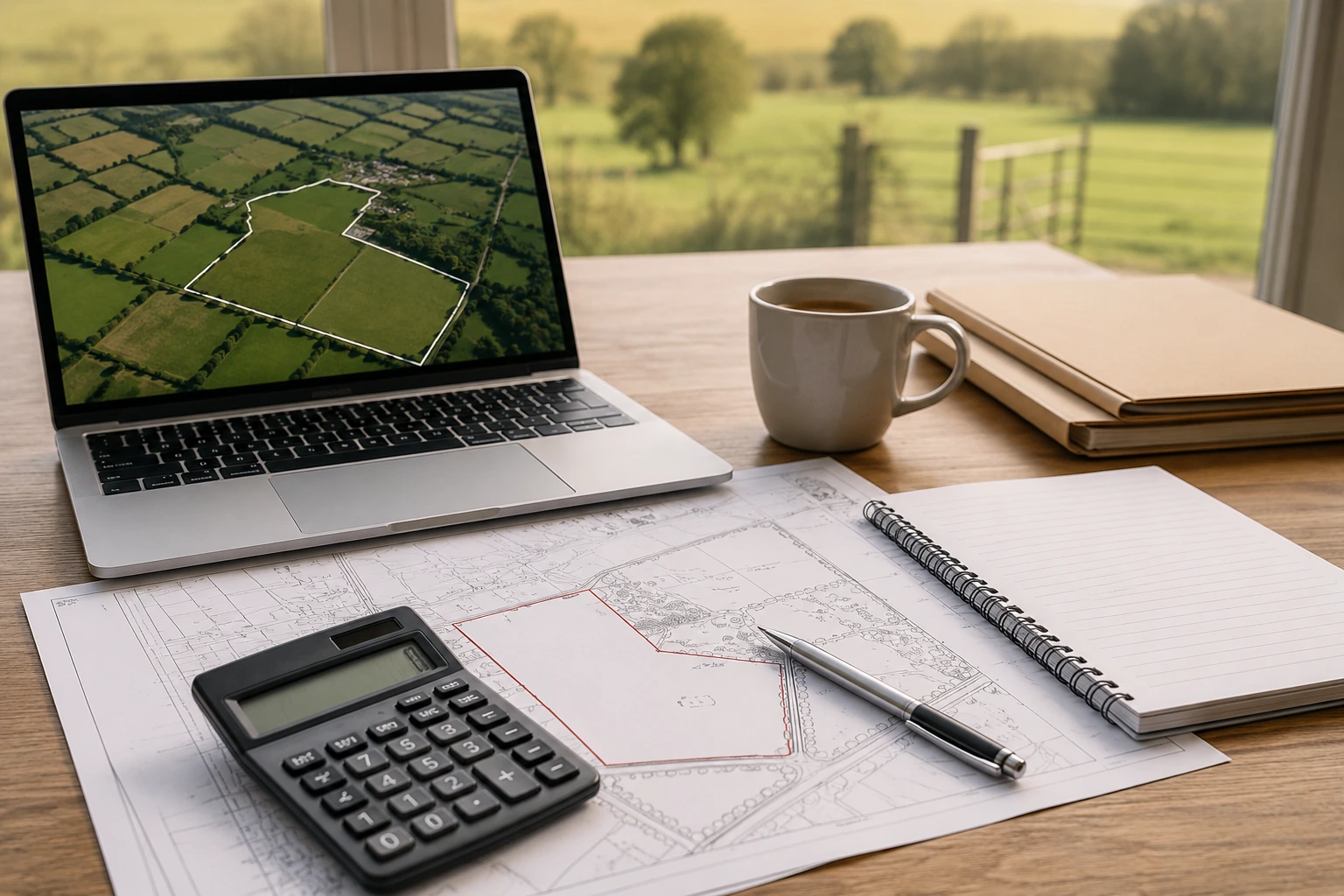 Calculator, land plans and laptop showing the costs involved in selling land
