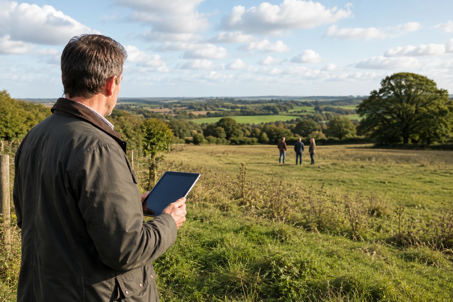 Landowner using a tablet while looking across land being marketed for sale